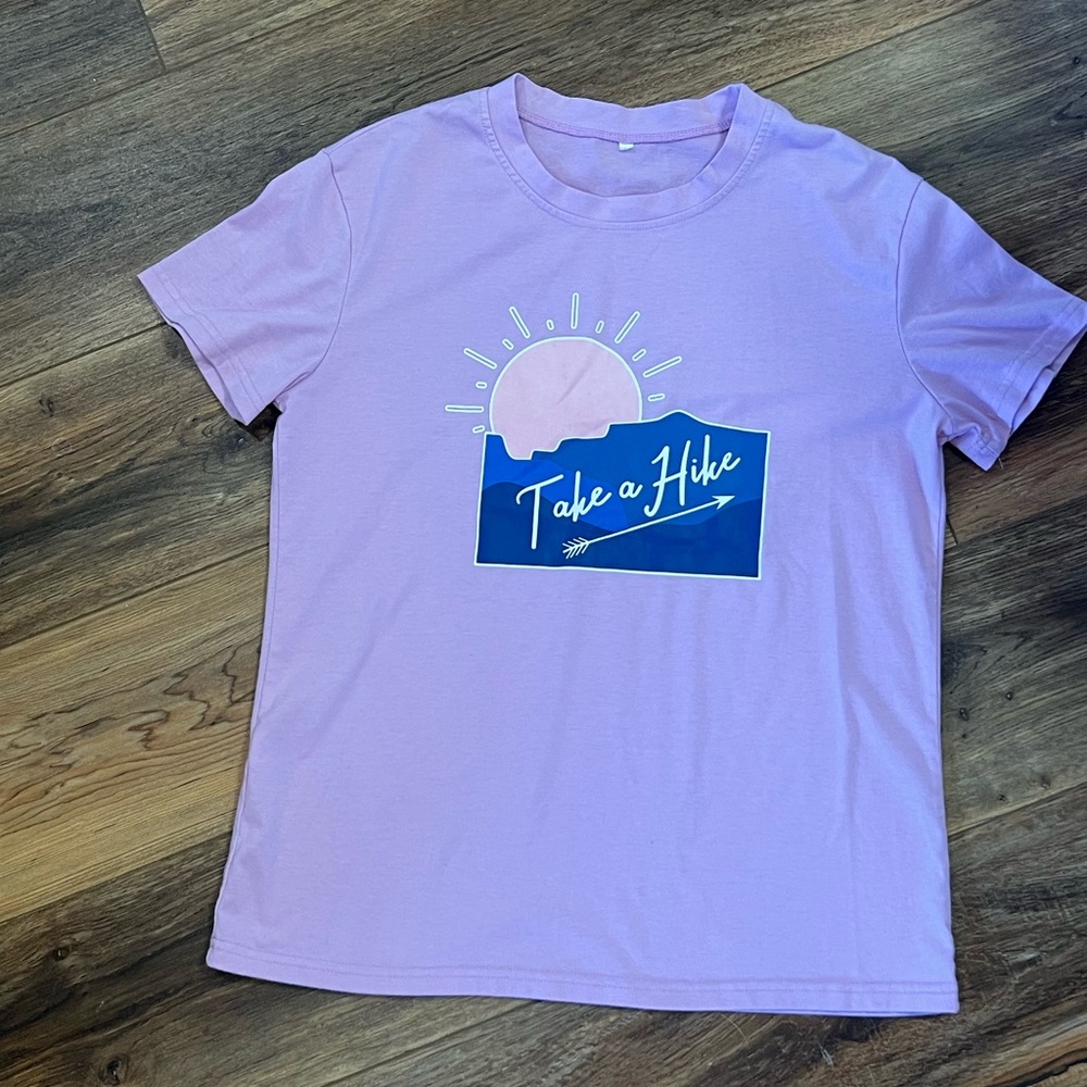 Purple Graphic Tee with 'Take a Hike' Design